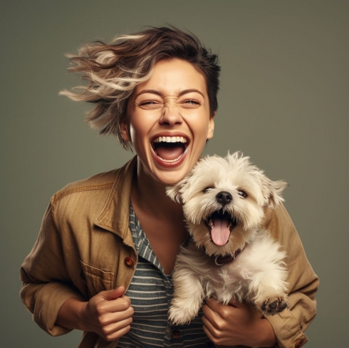 Jeune femme enthousiaste tenant son chien