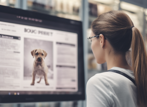 jeune femme devant un site internet de petites annonces animalières